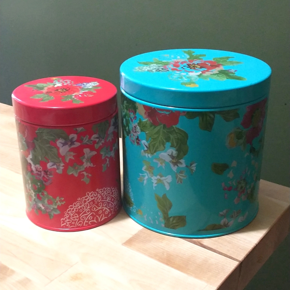 Pioneer woman red blue floral steel metal canister set